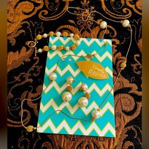 ❤️ JEWELRY Faux Pearl Beads Braided Gold Chain Necklace Earrings Bracelet Set